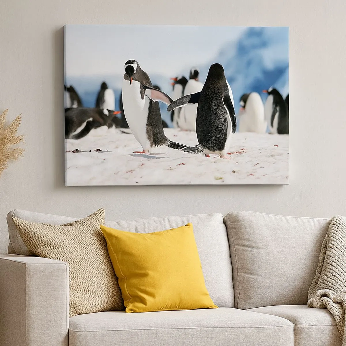 Bild auf Leinwand - Leinwandbild - Eine Gruppe Pinguine im Schnee in einer antarktischen Landschaft - 70x50cm - Tanzen im Schnee - Moderne Wanddekoration für Wohnzimmer und Schlafzimmer ARTTOR