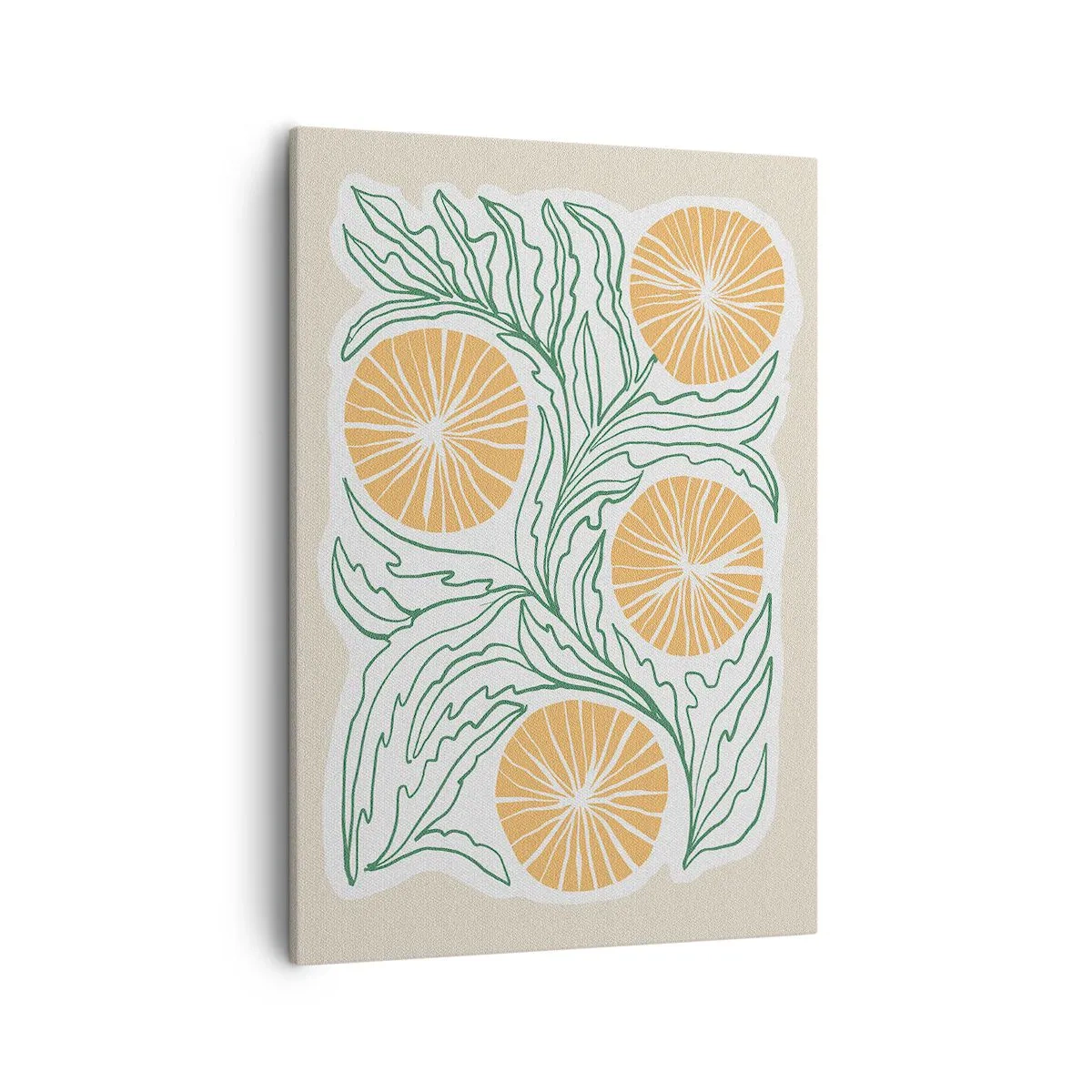 Bild auf Leinwand - Leinwandbild - Ein minimalistisches orangefarbenes Motiv mit grünen Blättern - 50x70cm - Ethnisch mit einem Hauch von Abstraktion - Moderne Wanddekoration für Wohnzimmer und Schlafzimmer ARTTOR