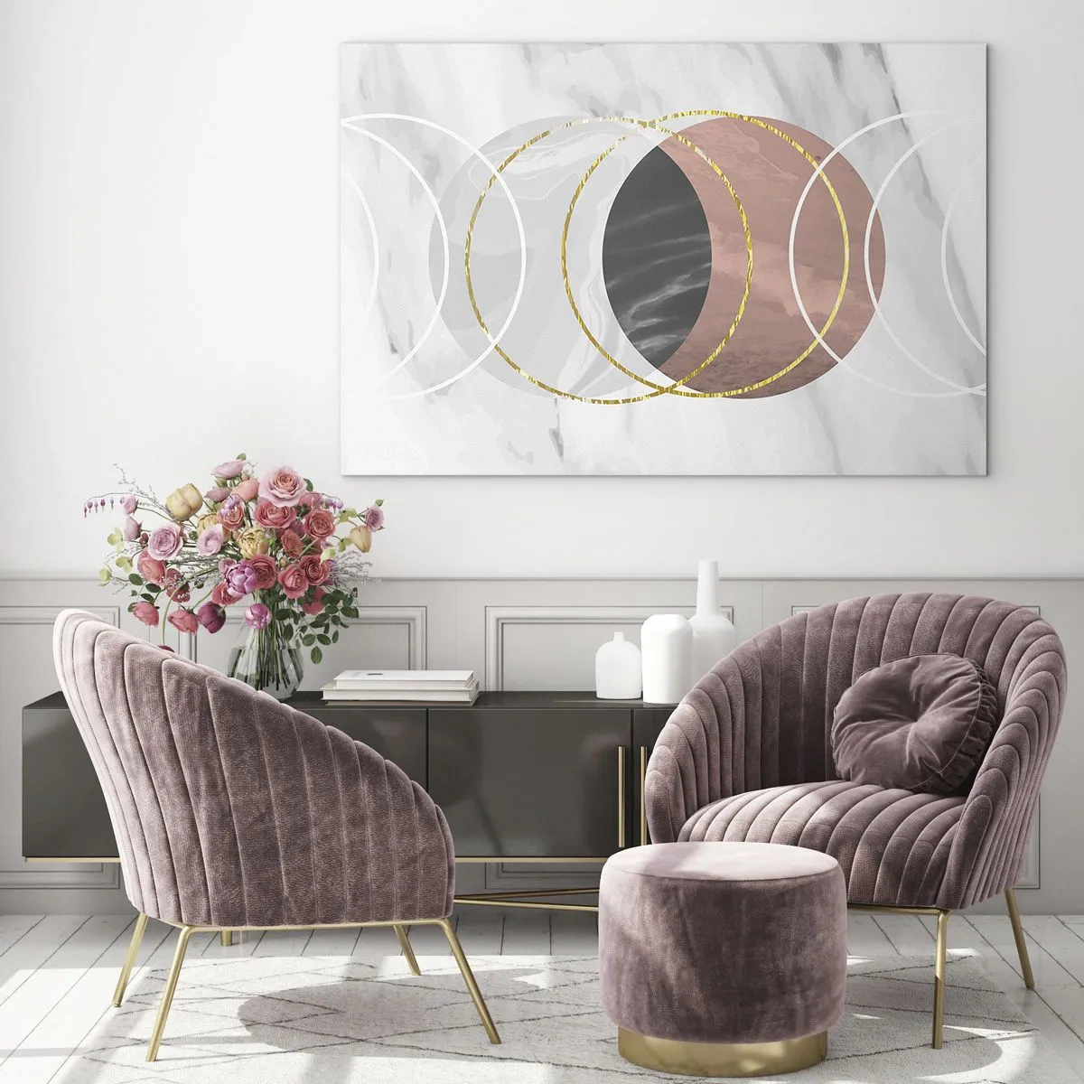 Glasbild - Bild auf glas - Geometrische Kreise in Kupfer-, Gold- und Marmortönen - 70x50cm - Musik der Sphären - Moderne Wanddekoration für Wohnzimmer und Schlafzimmer ARTTOR