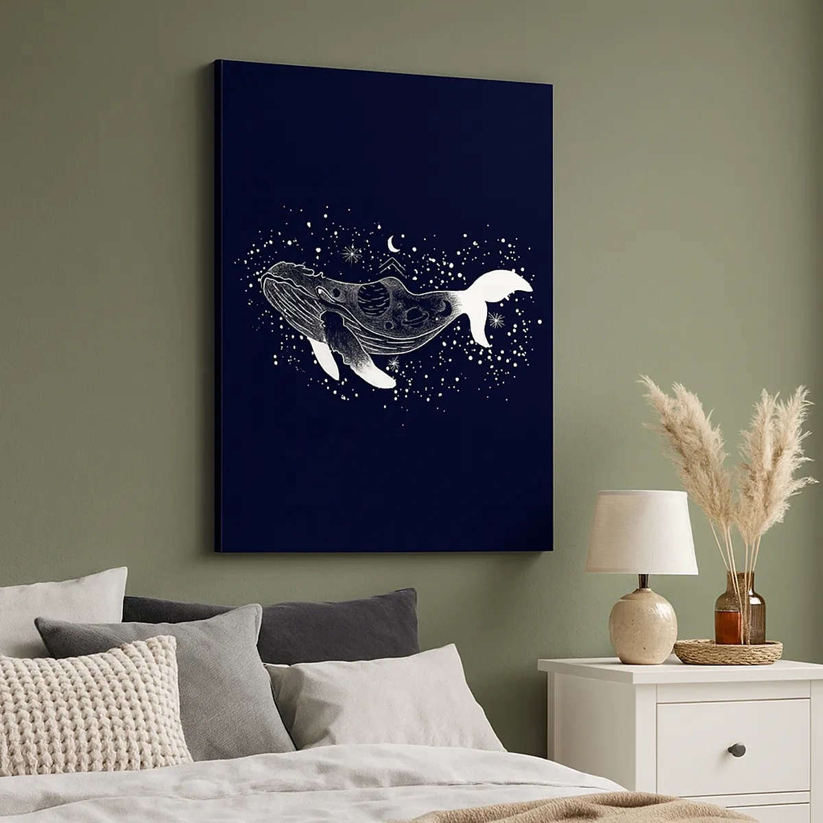 Bild auf Leinwand - Leinwandbild - Eine grafische Illustration eines Wals im Space-Age-Stil. - 50x70cm - Im Ozean des Universums - Moderne Wanddekoration für Wohnzimmer und Schlafzimmer ARTTOR