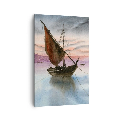 Bild auf Leinwand - Leinwandbild - Zwei Segelschiffe liegen in der Abenddämmerung auf ruhigem Wasser vor Anker - 80x120cm - Abend am Hafen - Moderne Wanddekoration für Wohnzimmer und Schlafzimmer ARTTOR