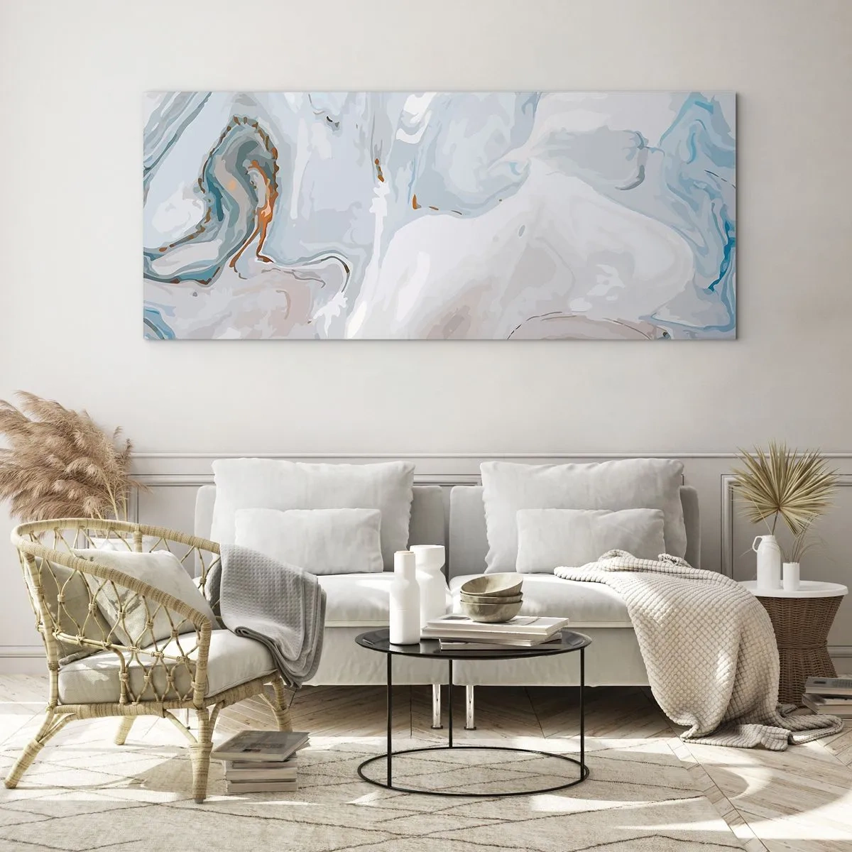 Glasbild - Bild auf glas - Abstrakte Wellen in Blau- und Weißtönen - 120x50cm - Das Weiß wird erhoben - Moderne Wanddekoration für Wohnzimmer und Schlafzimmer ARTTOR