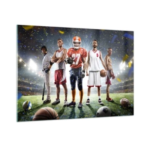 Glasbild - Bild auf glas - Athleten verschiedener Disziplinen im Stadion im Rampenlicht - 100x70cm - Feldgladiatoren - Moderne Wanddekoration für Wohnzimmer und Schlafzimmer ARTTOR