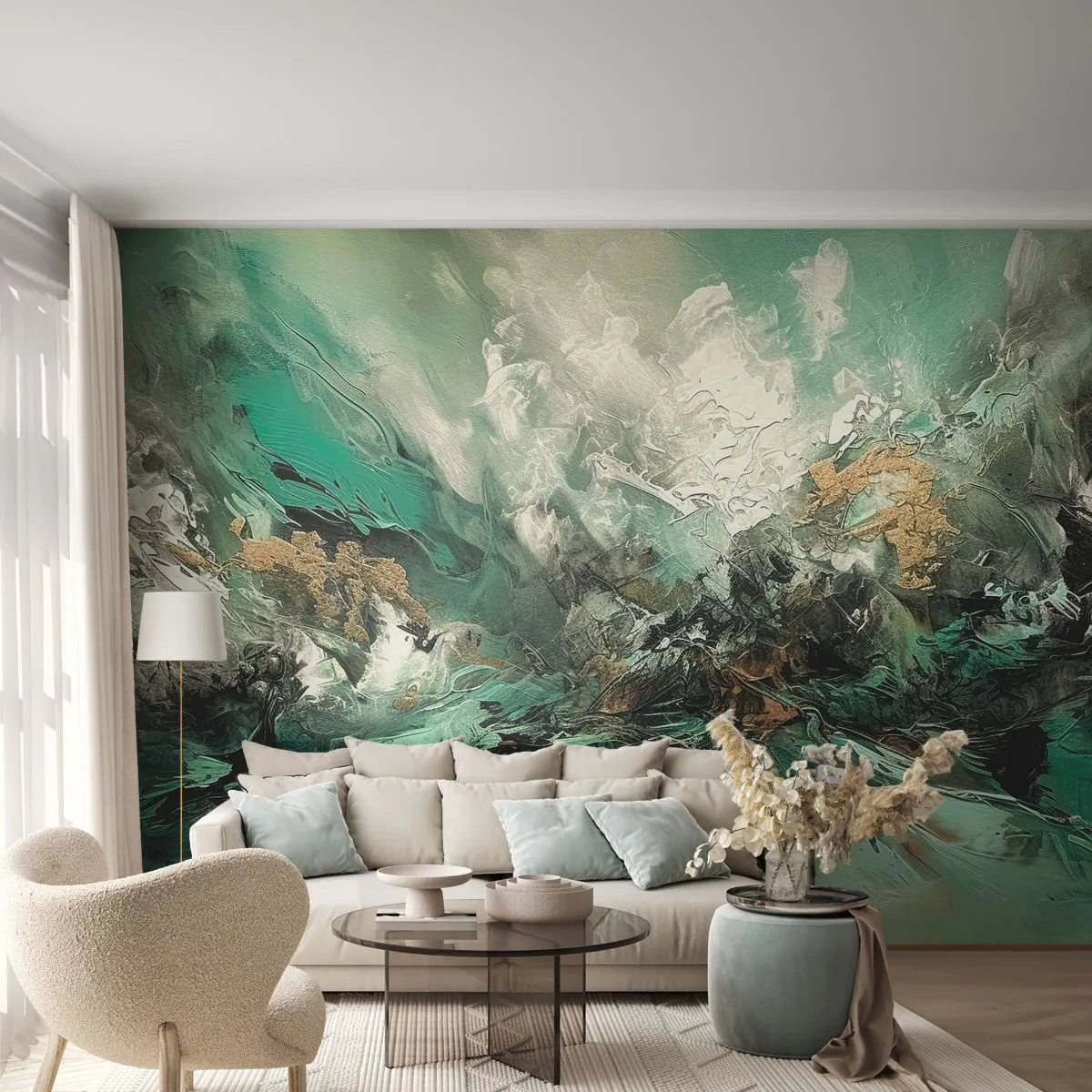 Fototapete Premium Sand - Malerische Abstraktion in Smaragd- und Schwarztönen - 100x70cm - Smaragdgrüne und schwarze Brandung - Moderne Wanddekoration für Wohnzimmer und Schlafzimmer ARTTOR
