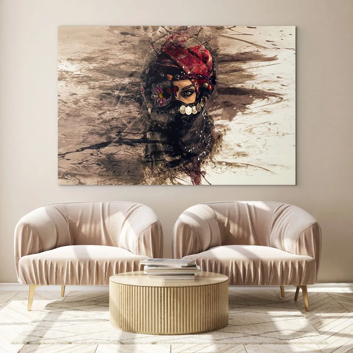 Glasbild - Bild auf glas - Porträt einer geheimnisvollen Frau mit rotem Turban - 70x50cm - Gelinde gesagt besorgniserregend - Moderne Wanddekoration für Wohnzimmer und Schlafzimmer ARTTOR