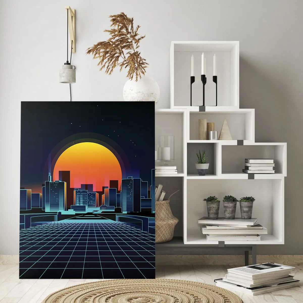 Glasbild - Bild auf glas - Futuristische Skyline im Neon-Stil - 80x120cm - Willst du immer noch zu Real gehen? - Moderne Wanddekoration für Wohnzimmer und Schlafzimmer ARTTOR