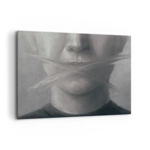 Bild auf Leinwand - Leinwandbild - Ein symbolisches Porträt mit verschwommenen Lippen in Grautönen. - 100x70cm - Ohne ein Wort - Moderne Wanddekoration für Wohnzimmer und Schlafzimmer ARTTOR