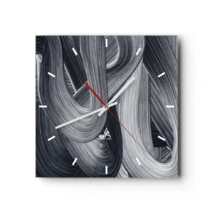 Wanduhr - Glasuhr - Schwarz-Weiß-Abstraktion mit dynamischen Pinselstrichen. - 30x30cm - Die Fließfähigkeit der Realität - Moderne Wanddekoration für Wohnzimmer und Schlafzimmer ARTTOR