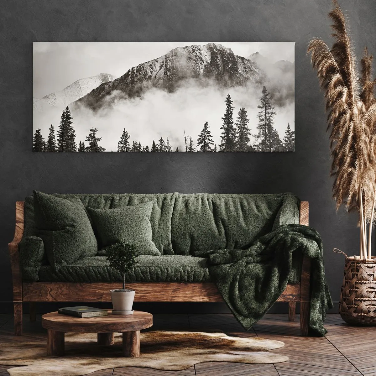 Bild auf Leinwand - Leinwandbild - Ein malerischer Berggipfel, umgeben von Nebel und einem sepiafarbenen Wald - 120x50cm - Lineal aus Granit - Moderne Wanddekoration für Wohnzimmer und Schlafzimmer ARTTOR
