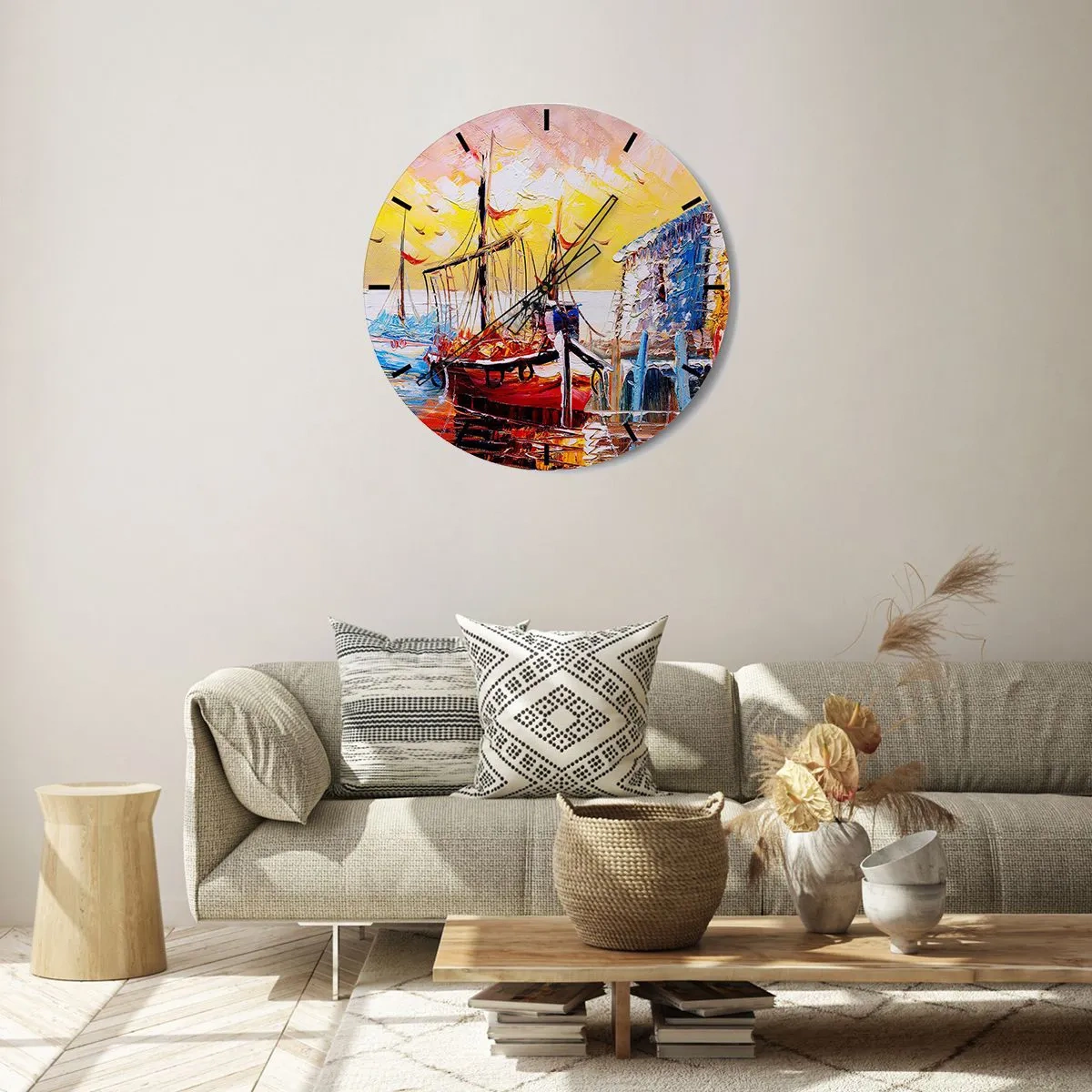 Wanduhr - Glasuhr - Segelboote am Kai im Licht der untergehenden Sonne - 30x30cm - Glückliche Rückkehr - Moderne Wanddekoration für Wohnzimmer, Küche und Schlafzimmer ARTTOR