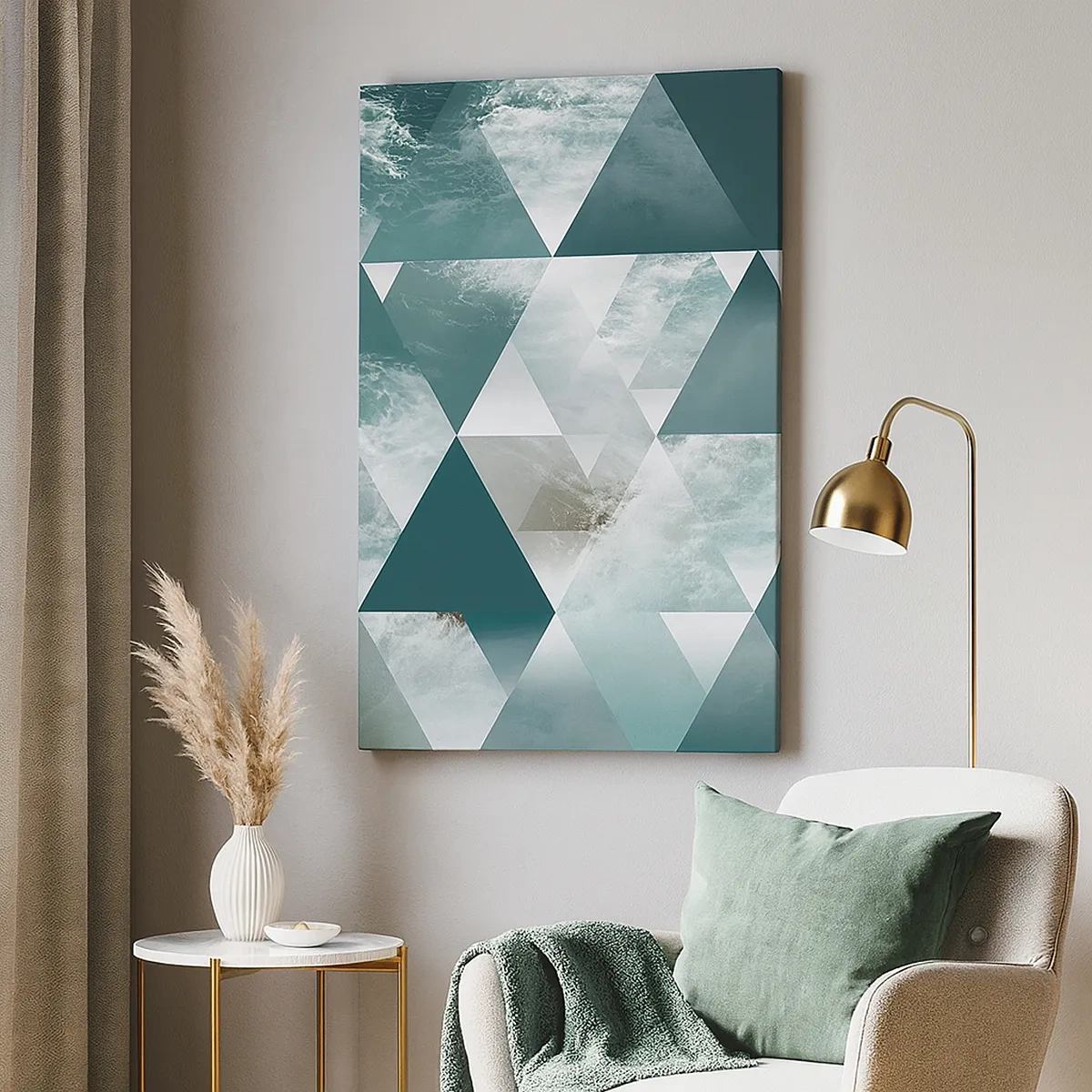 Bild auf Leinwand - Leinwandbild - Geometrisches Muster mit Wellenmotiv in Grüntönen - 50x70cm - Kristallperspektive - Moderne Wanddekoration für Wohnzimmer und Schlafzimmer ARTTOR