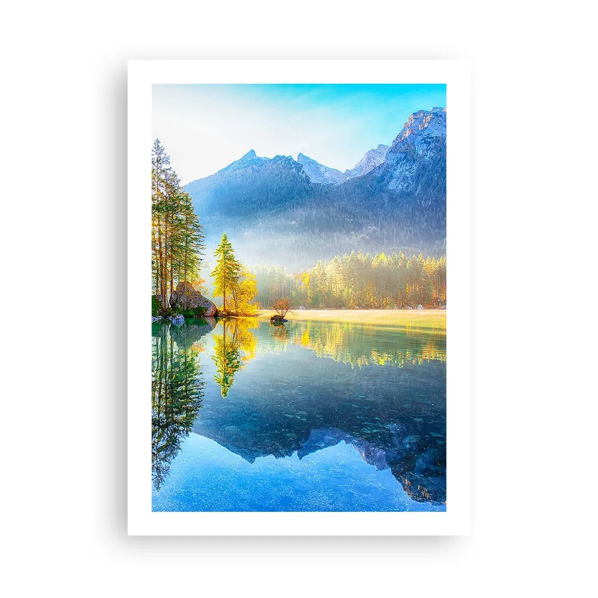 Poster - Ein Bergsee, umgeben von Wald und Gipfeln, die sich im Wasser spiegeln - 50x70cm - Majestät und Süße - Moderne Wanddekoration für Wohnzimmer und Schlafzimmer ARTTOR