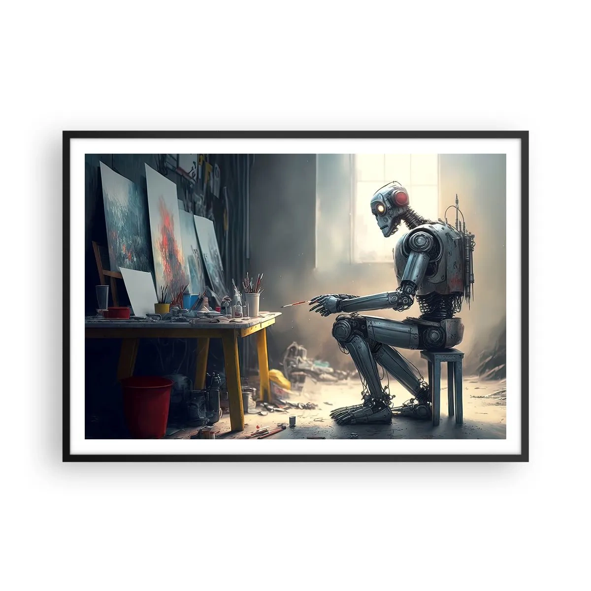 Poster in einem schwarzem Rahmen - Ein Roboter malt ein Bild in einem Kunstatelier - 100x70cm - Schöpfungsakt - Moderne Wanddekoration für Wohnzimmer und Schlafzimmer ARTTOR