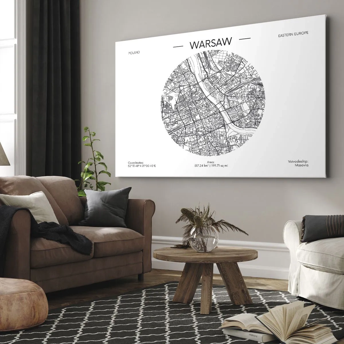 Bild auf Leinwand - Leinwandbild - Eine Karte von Warschau im minimalistischen Stil - 70x50cm - Anatomie von Warschau - Moderne Wanddekoration für Wohnzimmer und Schlafzimmer ARTTOR