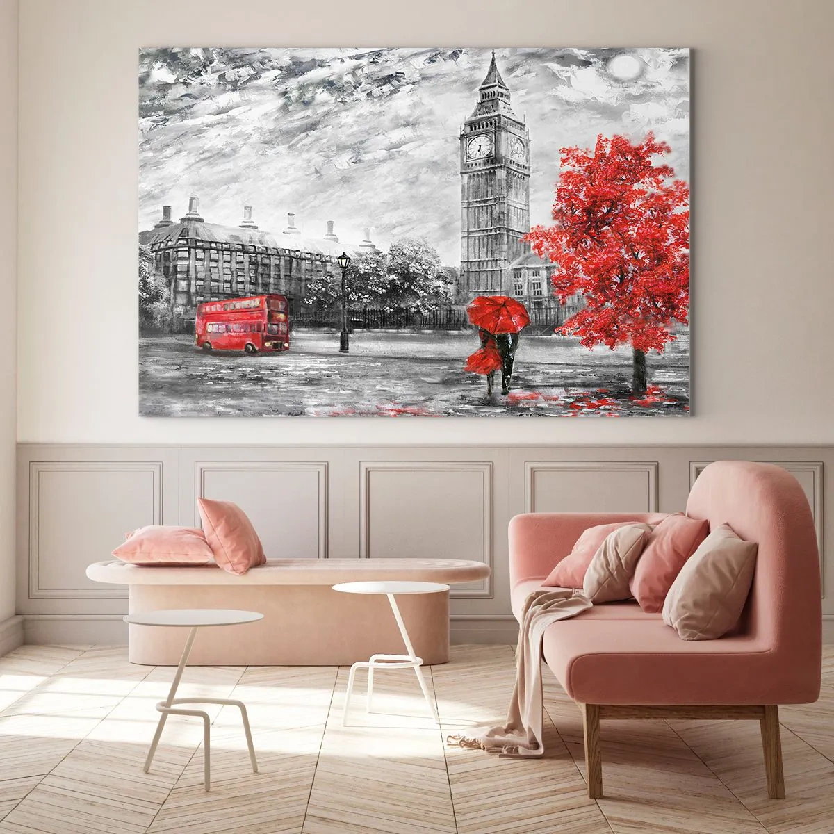 Glasbild - Bild auf glas - Big Ben mit einem roten Bus und Regenschirm vor einer Kulisse aus Herbstbäumen - 100x70cm - Ein aufregender Tag - Moderne Wanddekoration für Wohnzimmer und Schlafzimmer ARTTOR