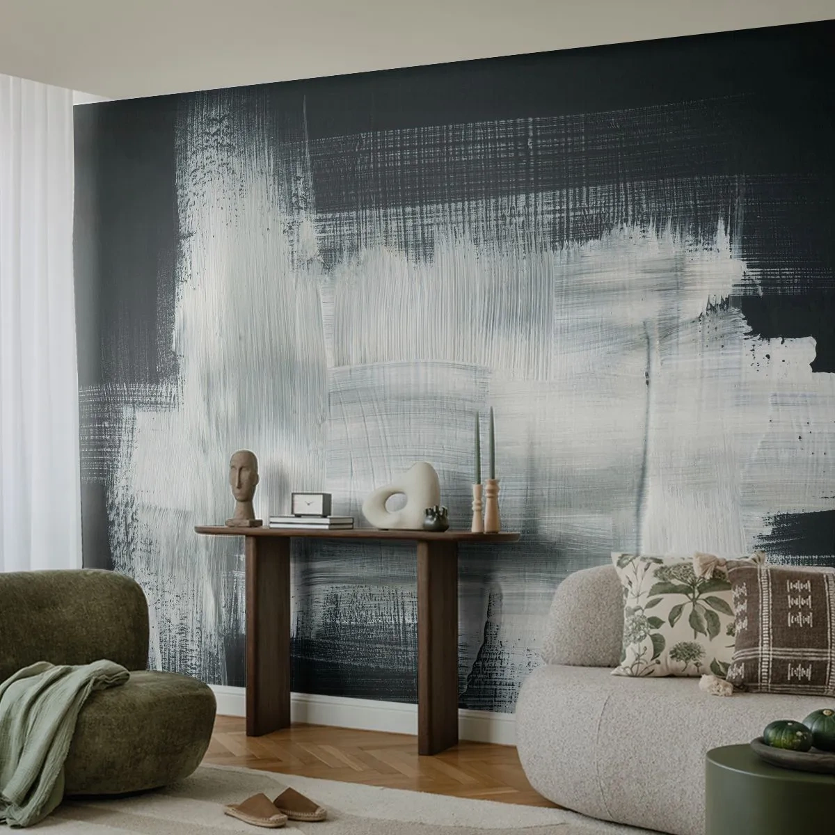 Fototapete Premium Canvas - Vertikal und horizontal gewebt - Abstraktion, Stück, Schwarz und weiß - 350x256 cm