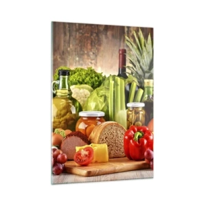 Glasbild - Bild auf glas - Buntes Gemüse, Obst, Brot und Konfitüren auf einem hölzernen Hintergrund - 50x70cm - Geräuchert, gebacken und eingelegt - Moderne Wanddekoration für Wohnzimmer und Schlafzimmer ARTTOR