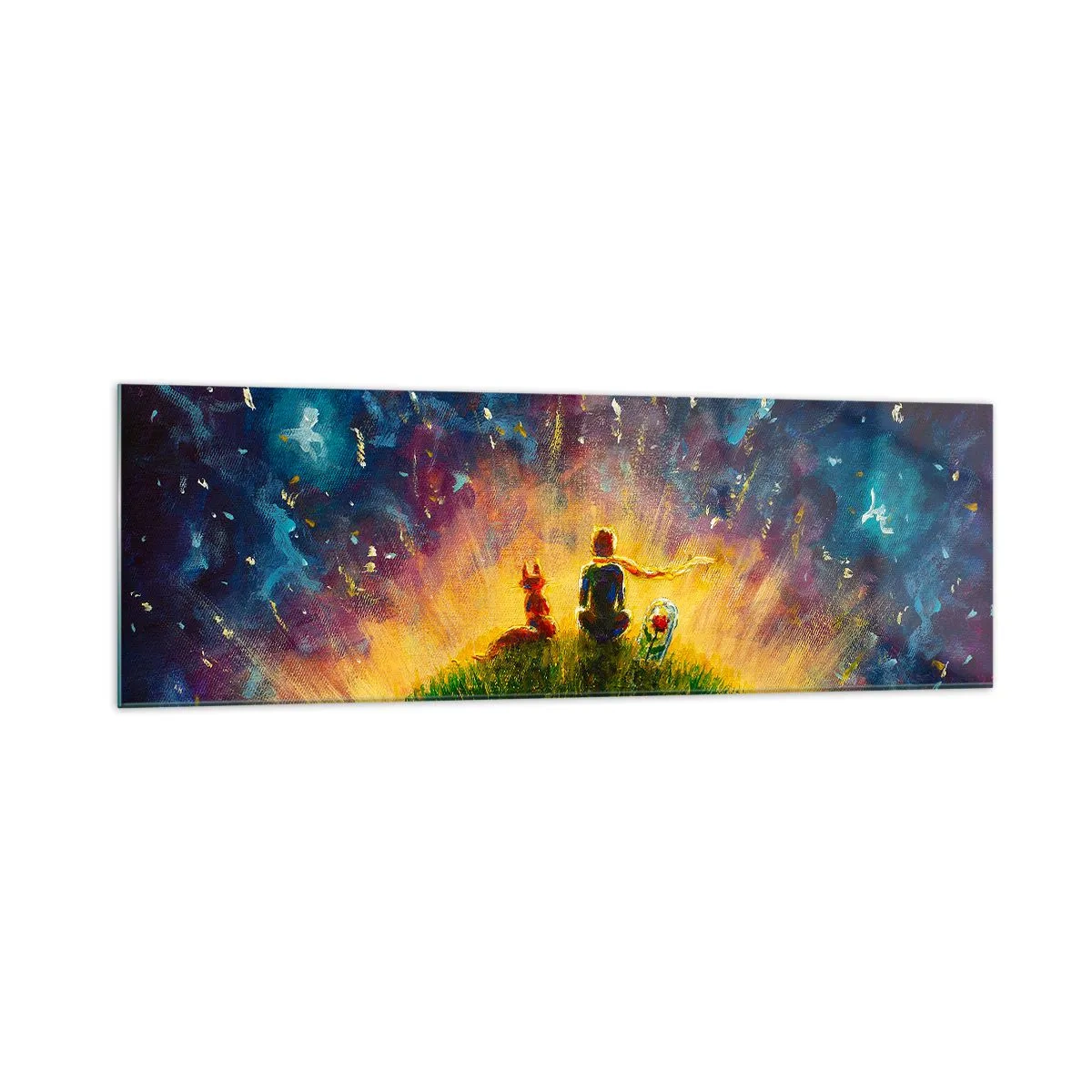 Glasbild - Bild auf glas - Figuren auf einem grünen Hügel, umgeben von einem Sternenhimmel - 160x50cm - Liebe und Freundschaft - die ganze Welt - Moderne Wanddekoration für Wohnzimmer und Schlafzimmer ARTTOR