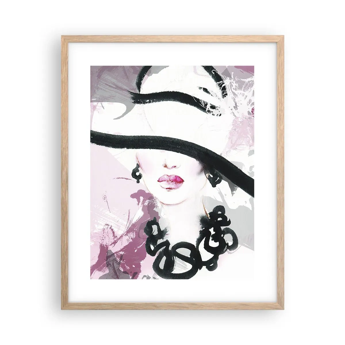 Poster in einem Rahmen aus heller Eiche - Bildnis einer Dame in Schwarz und Pink - 40x50 cm