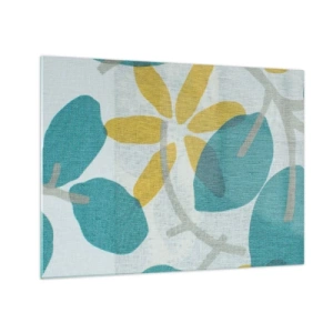 Glasbild - Bild auf glas - Eine Pflanzengrafik mit azurblauen Blättern und gelben Blüten - 70x50cm - Unter den azurblauen Blättern - Moderne Wanddekoration für Wohnzimmer und Schlafzimmer ARTTOR