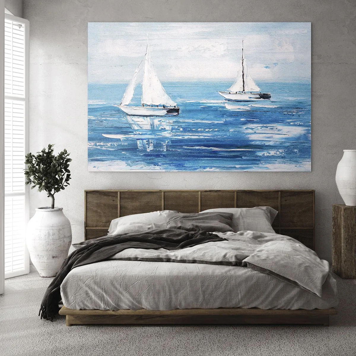 Glasbild - Bild auf glas - Zwei weiße Segelboote auf einem ruhigen blauen Meer - 70x50cm - Mit Freund an der Seite - Moderne Wanddekoration für Wohnzimmer und Schlafzimmer ARTTOR