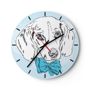 Wanduhr - Glasuhr - Künstlerische Zeichnung eines Hundes mit blauer Fliege auf hellem Hintergrund - 30x30cm - Hunde-Eleganz - Moderne Wanddekoration für Wohnzimmer, Küche und Schlafzimmer ARTTOR