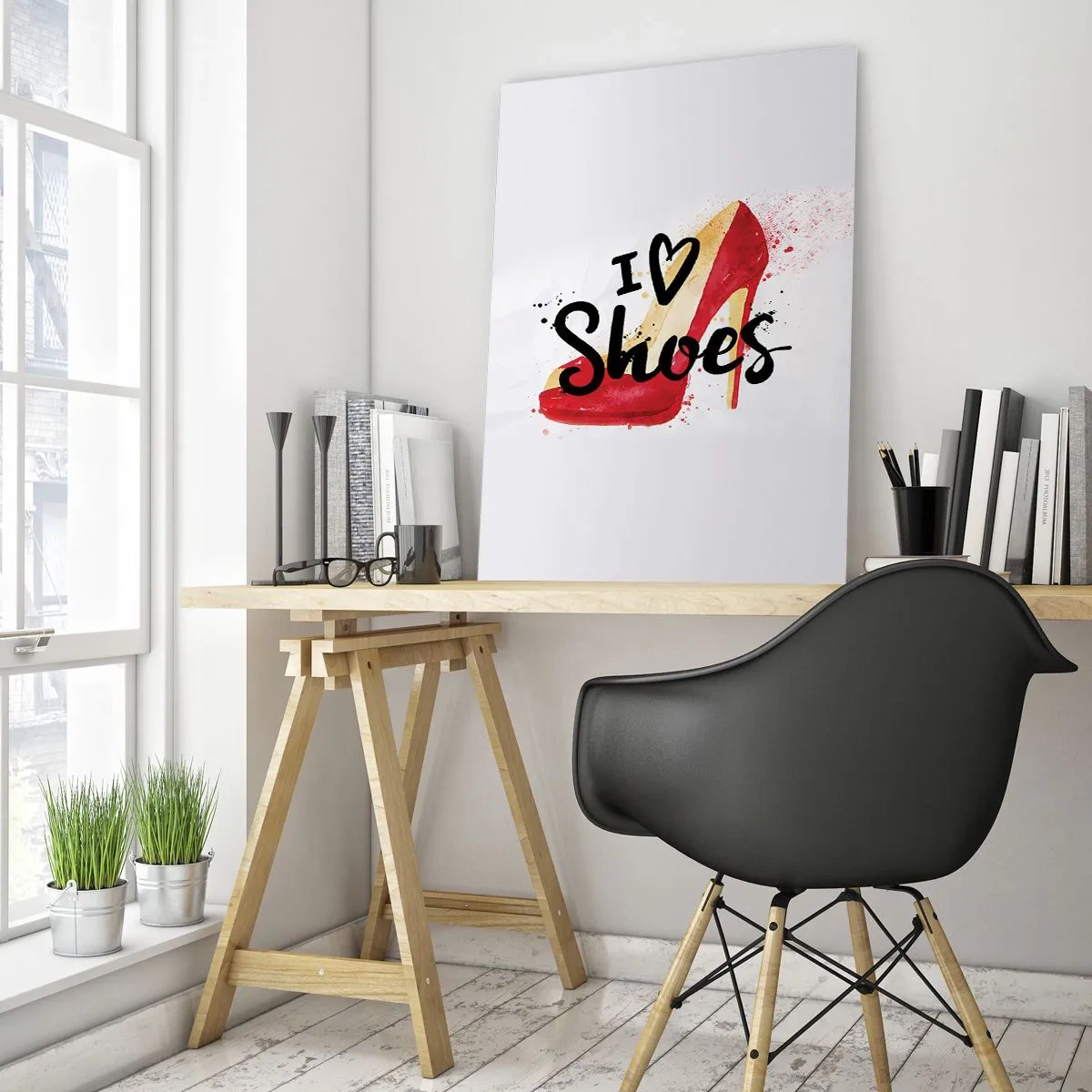 Glasbild - Bild auf glas - Roter Stiletto mit der Aufschrift „I love Shoes“ auf weißem Hintergrund - 80x120cm - Liebe hat viele Namen - Moderne Wanddekoration für Wohnzimmer und Schlafzimmer ARTTOR