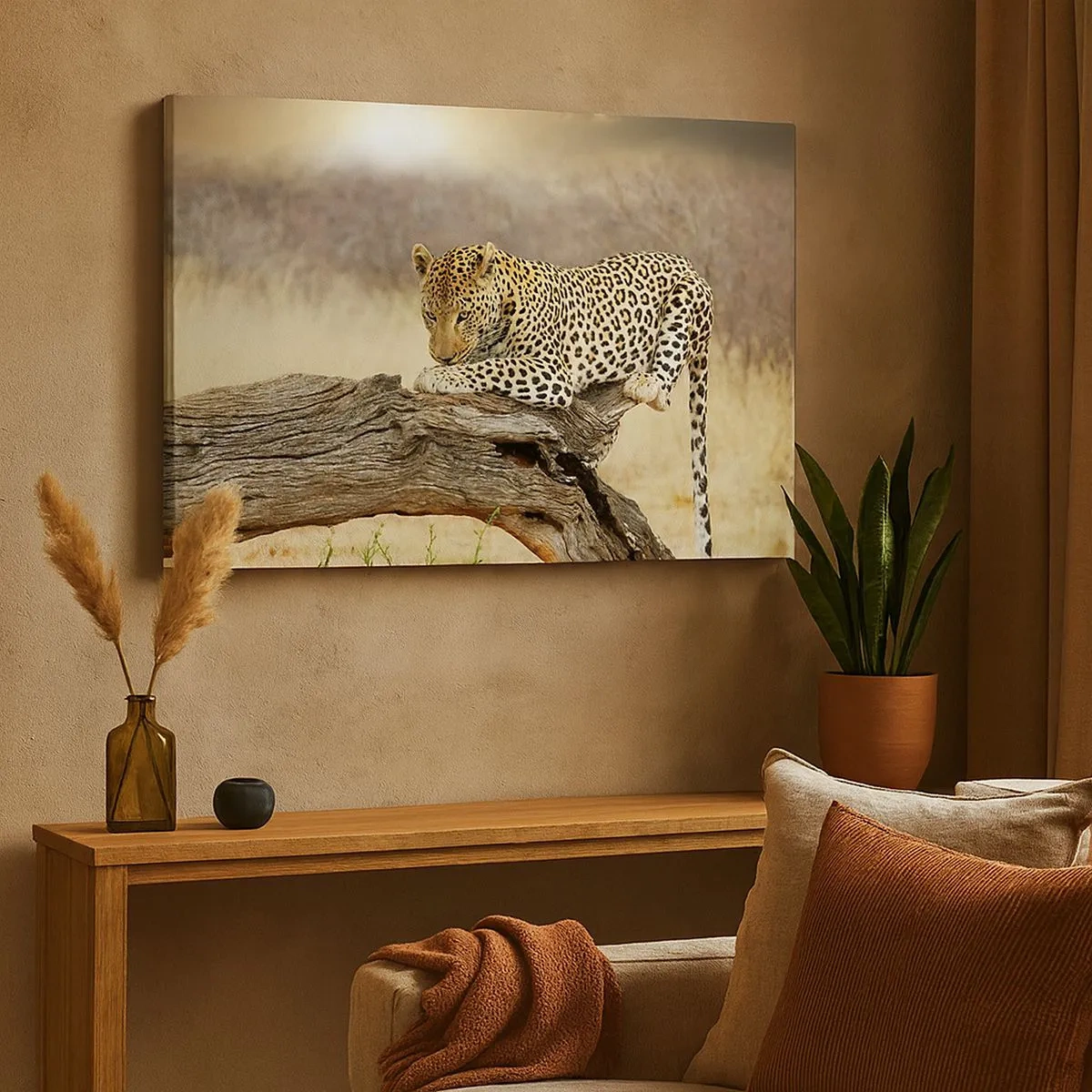 Bild auf Leinwand - Leinwandbild - Ein Leopard ruht auf einem Baumstamm in der Savanne - 70x50cm - Ich gehe meine eigenen Wege - Moderne Wanddekoration für Wohnzimmer und Schlafzimmer ARTTOR