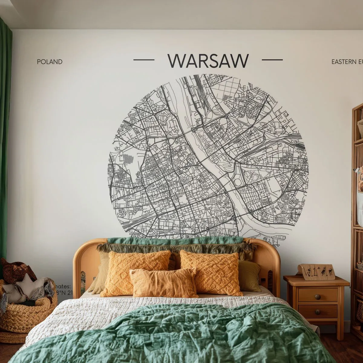 Fototapete Premium Sand - Karte von Warschau in einem runden Rahmen auf weißem Hintergrund - 100x70cm - Anatomie von Warschau - Moderne Wanddekoration für Wohnzimmer und Schlafzimmer ARTTOR