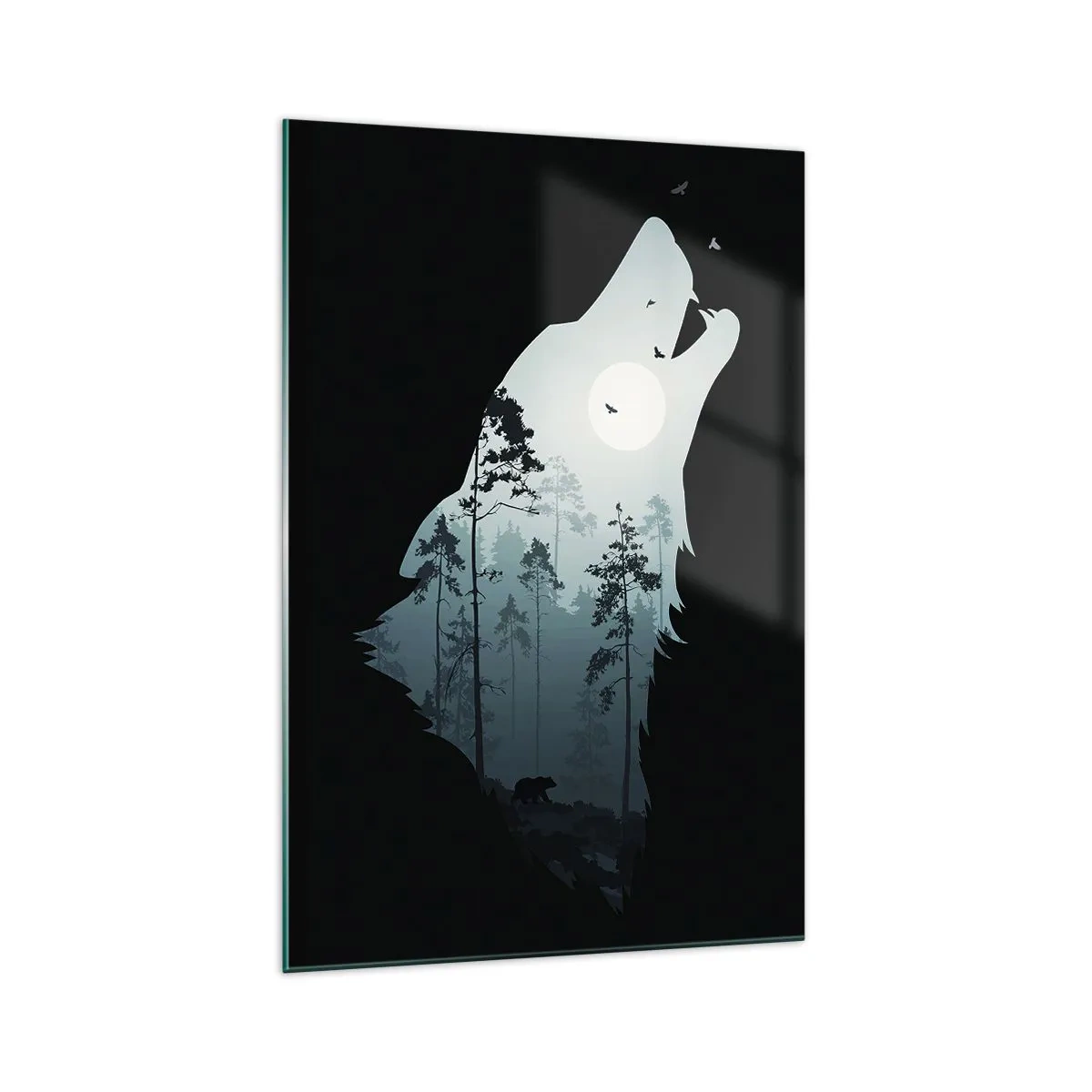 Glasbild - Bild auf glas - Silhouette eines Wolfes mit Wald und Mond im Hintergrund - 70x100cm - Die Stimme der Waldnacht - Moderne Wanddekoration für Wohnzimmer und Schlafzimmer ARTTOR