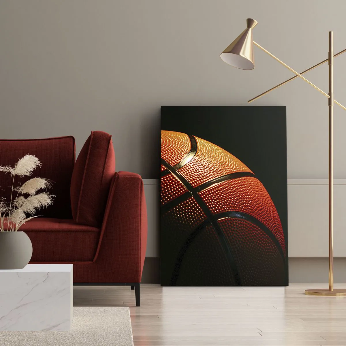 Bild auf Leinwand - Leinwandbild - Nahaufnahme eines Basketballs vor schwarzem Hintergrund - 80x120cm - Schön wie ein Planet - Moderne Wanddekoration für Wohnzimmer und Schlafzimmer ARTTOR