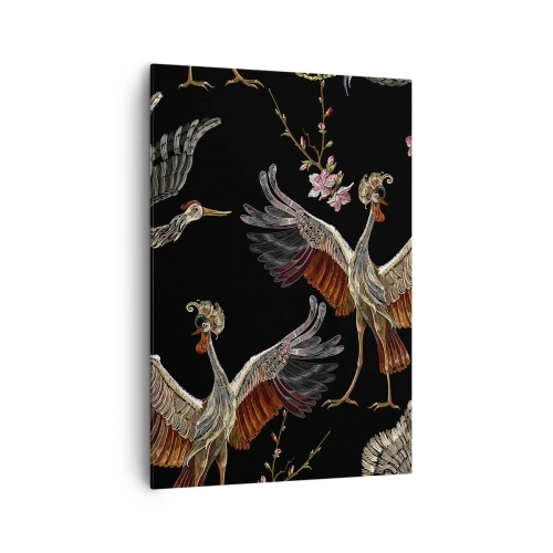 Bild auf Leinwand - Leinwandbild - Stilvolle Kraniche und Blumen auf schwarzem Hintergrund - 70x100cm - Märchenvogel - Moderne Wanddekoration für Wohnzimmer und Schlafzimmer ARTTOR