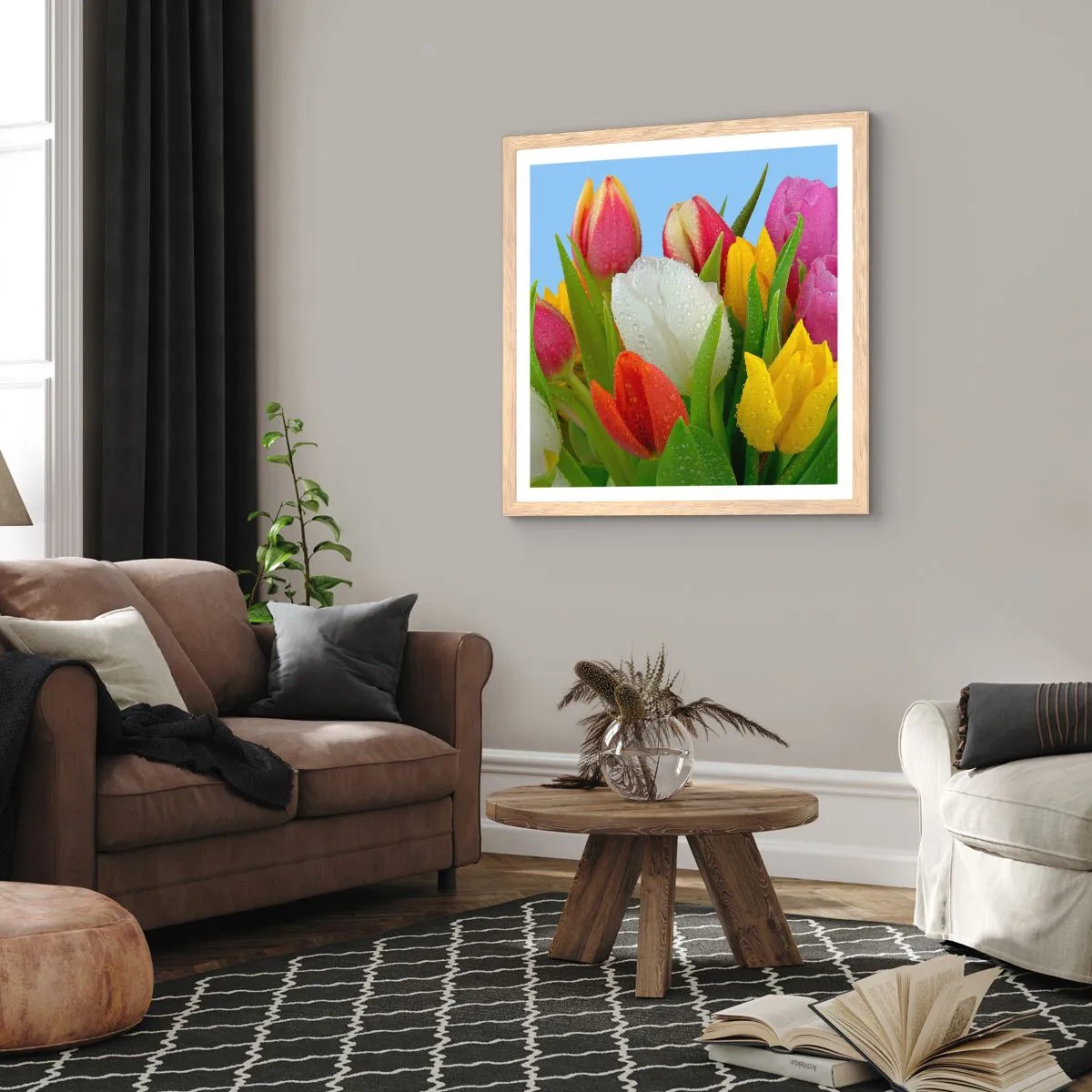 Poster in einem Rahmen aus heller Eiche - Ein blumiger Regenbogen in Tautropfen - 60x60 cm
