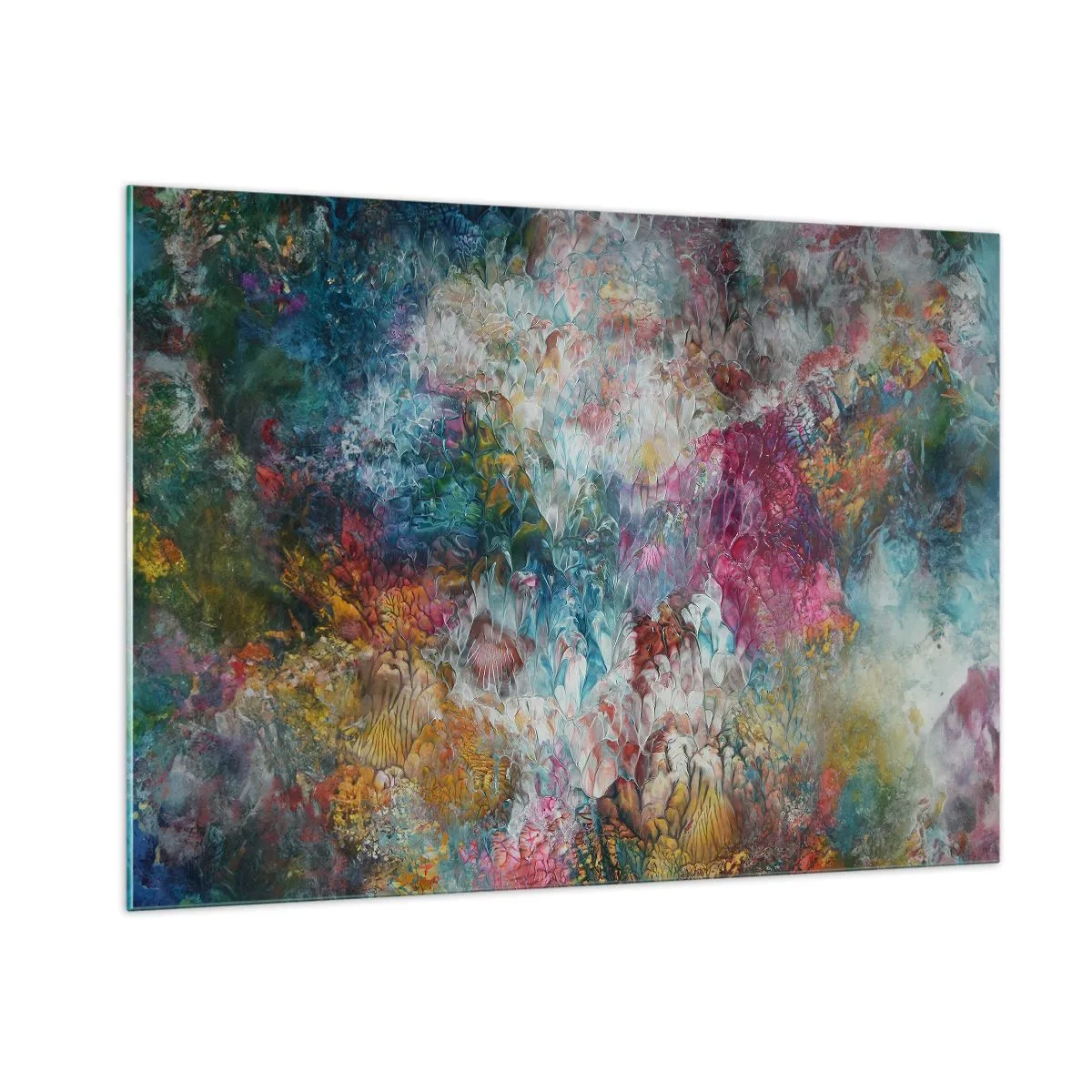 Glasbild - Bild auf glas - Eine abstrakte Komposition aus bunten Blumen in intensiven Farben. - 100x70cm - In voller Blüte - Moderne Wanddekoration für Wohnzimmer und Schlafzimmer ARTTOR