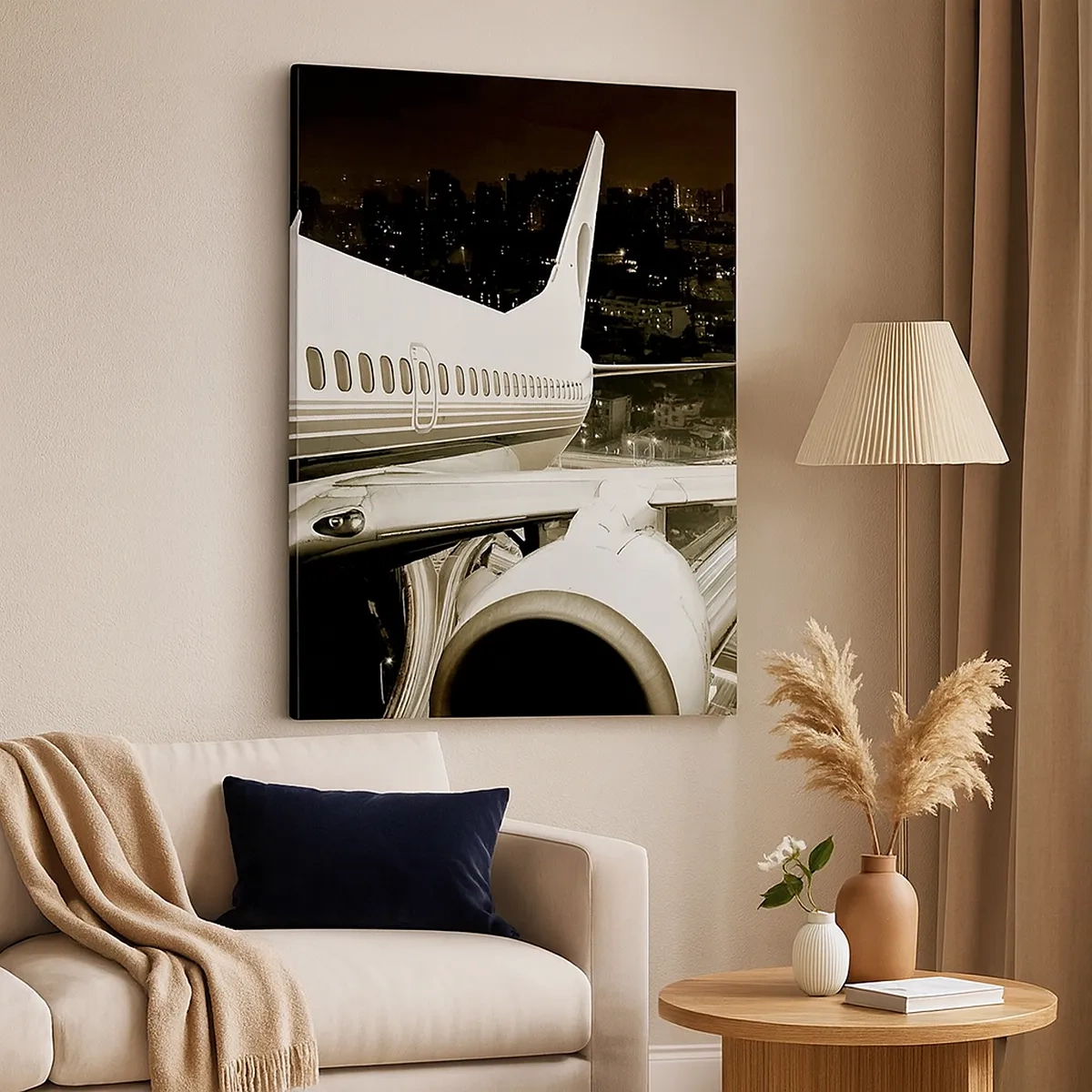 Bild auf Leinwand - Leinwandbild - Ein Flugzeug über einer nächtlichen Stadt mit beleuchteten Autobahnen - 50x70cm - In die Nacht fliegen - Moderne Wanddekoration für Wohnzimmer und Schlafzimmer ARTTOR