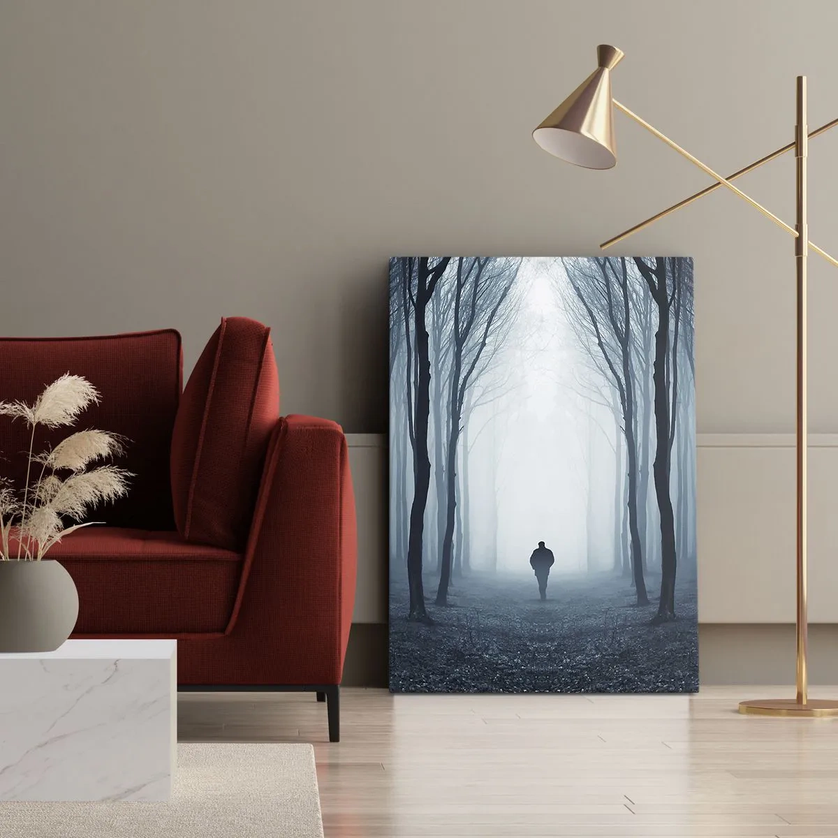 Bild auf Leinwand - Leinwandbild - Eine Gestalt, die zwischen den Bäumen in einem nebligen Wald spazieren geht - 50x70cm - Alles einfach und übersichtlich - Moderne Wanddekoration für Wohnzimmer und Schlafzimmer ARTTOR