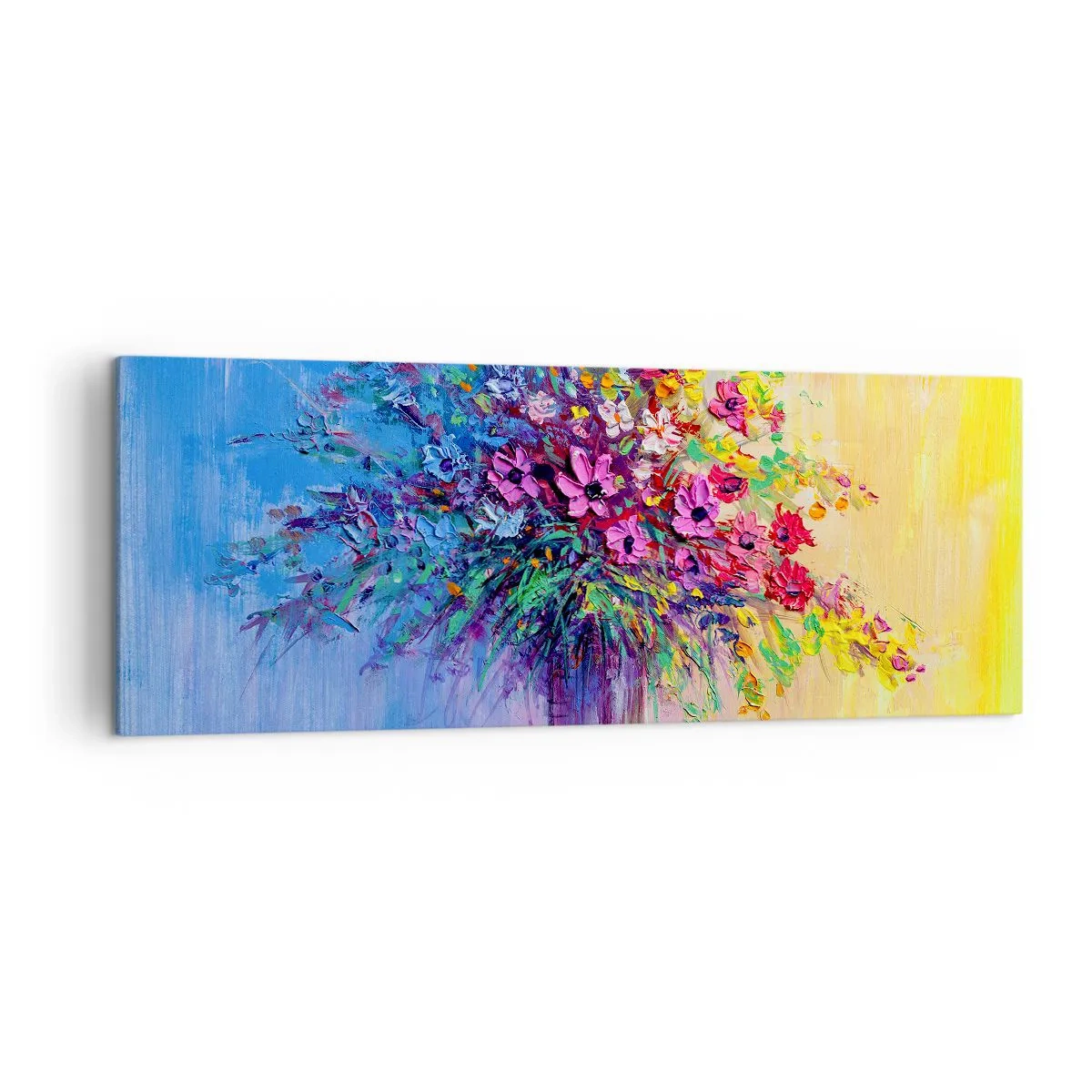 Bild auf Leinwand - Leinwandbild - Ein bunter Blumenstrauß in einer Vase vor einem Hintergrund mit Farbverlauf - 140x50cm - Sommergeschenk der Wiese - Moderne Wanddekoration für Wohnzimmer und Schlafzimmer ARTTOR
