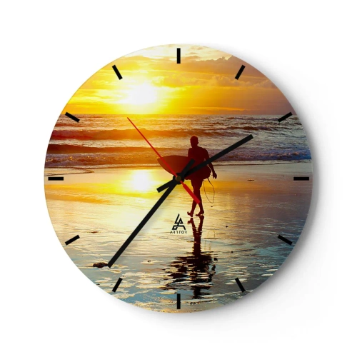 Wanduhr - Glasuhr - Surfer bei Sonnenuntergang am Strand - 30x30cm - Die Rückkehr des Kriegers - Moderne Wanddekoration für Wohnzimmer, Küche und Schlafzimmer ARTTOR
