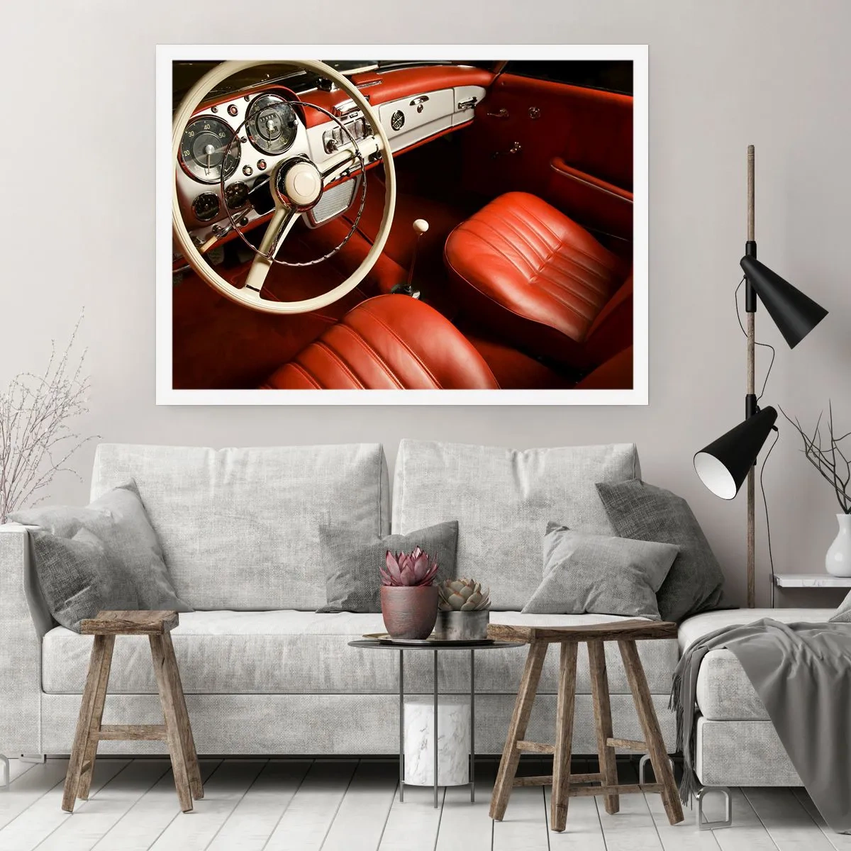 Poster - Oldtimer-Innenraum mit roten Ledersitzen - 100x70cm - Luxus im Vintagestil - Moderne Wanddekoration für Wohnzimmer und Schlafzimmer ARTTOR