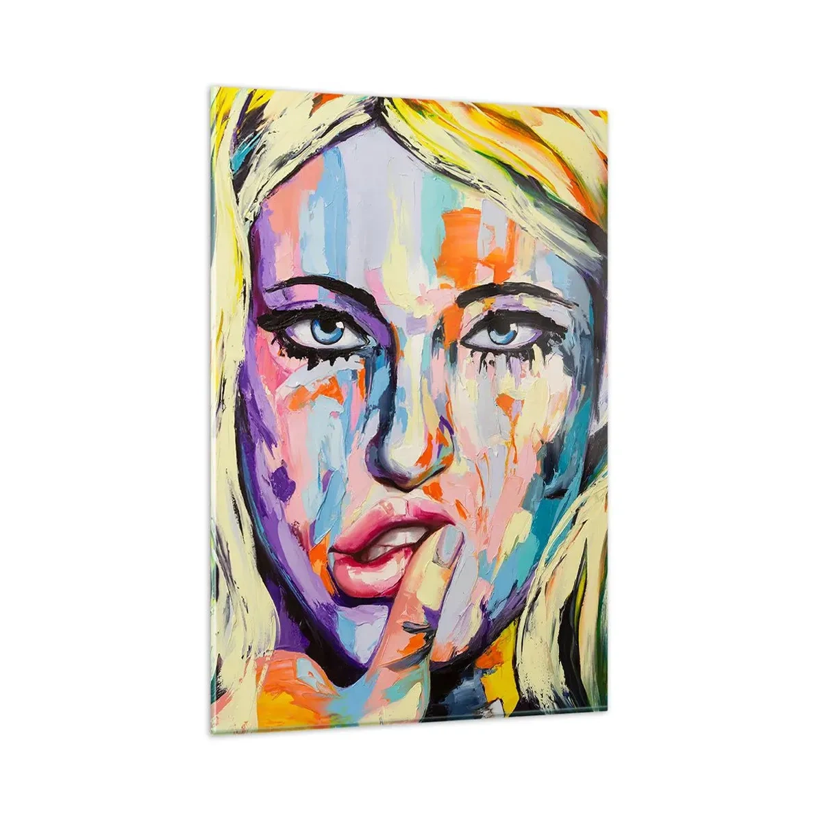 Glasbild - Bild auf glas - Farbenfrohes Porträt einer Frau im abstrakten Stil - 80x120cm - Schau ihr direkt in die Augen - Moderne Wanddekoration für Wohnzimmer und Schlafzimmer ARTTOR