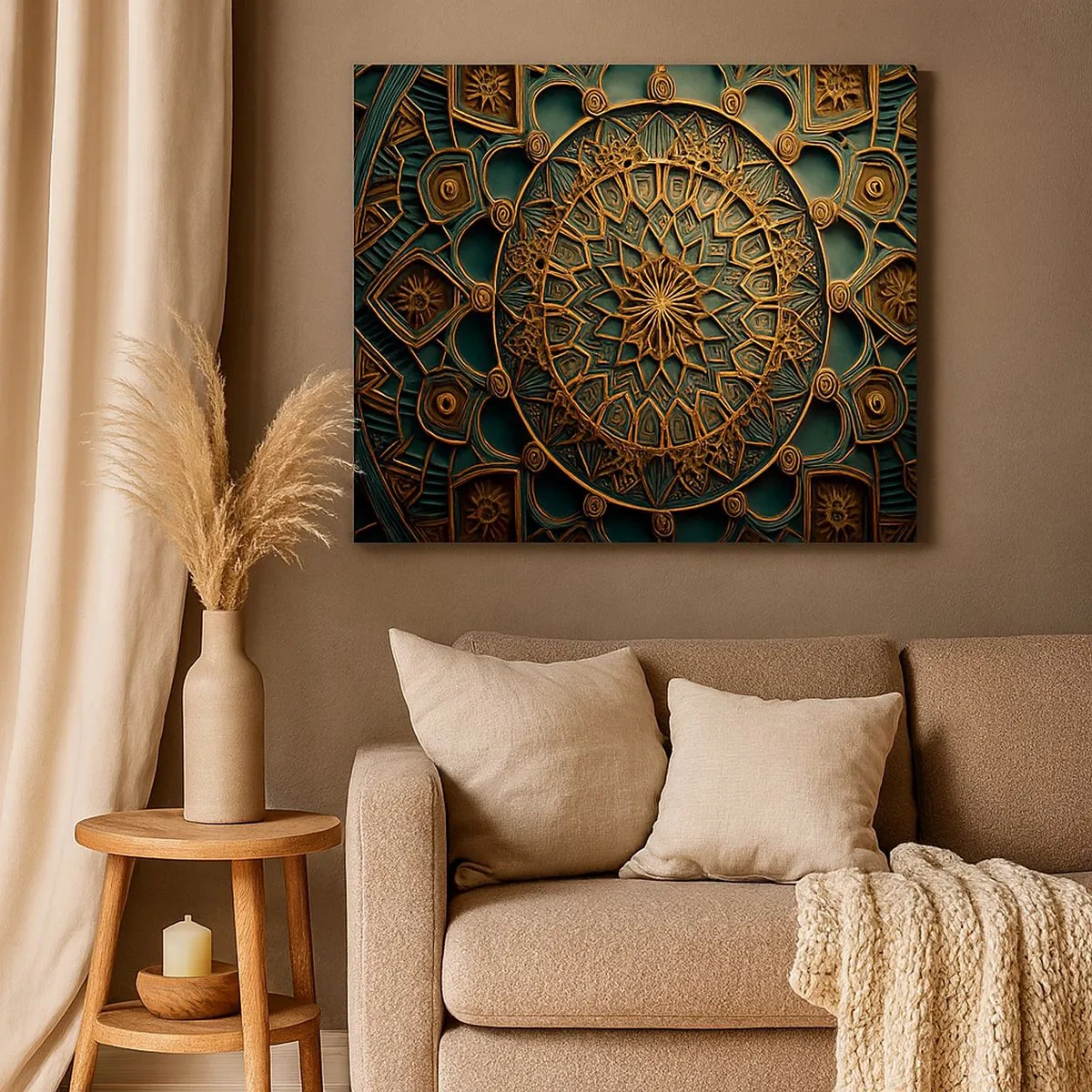 Bild auf Leinwand - Leinwandbild - Ein goldenes Mandala auf türkisfarbenem Hintergrund mit vielen Details. - 70x50cm - In arabischer Atmosphäre - Moderne Wanddekoration für Wohnzimmer und Schlafzimmer ARTTOR