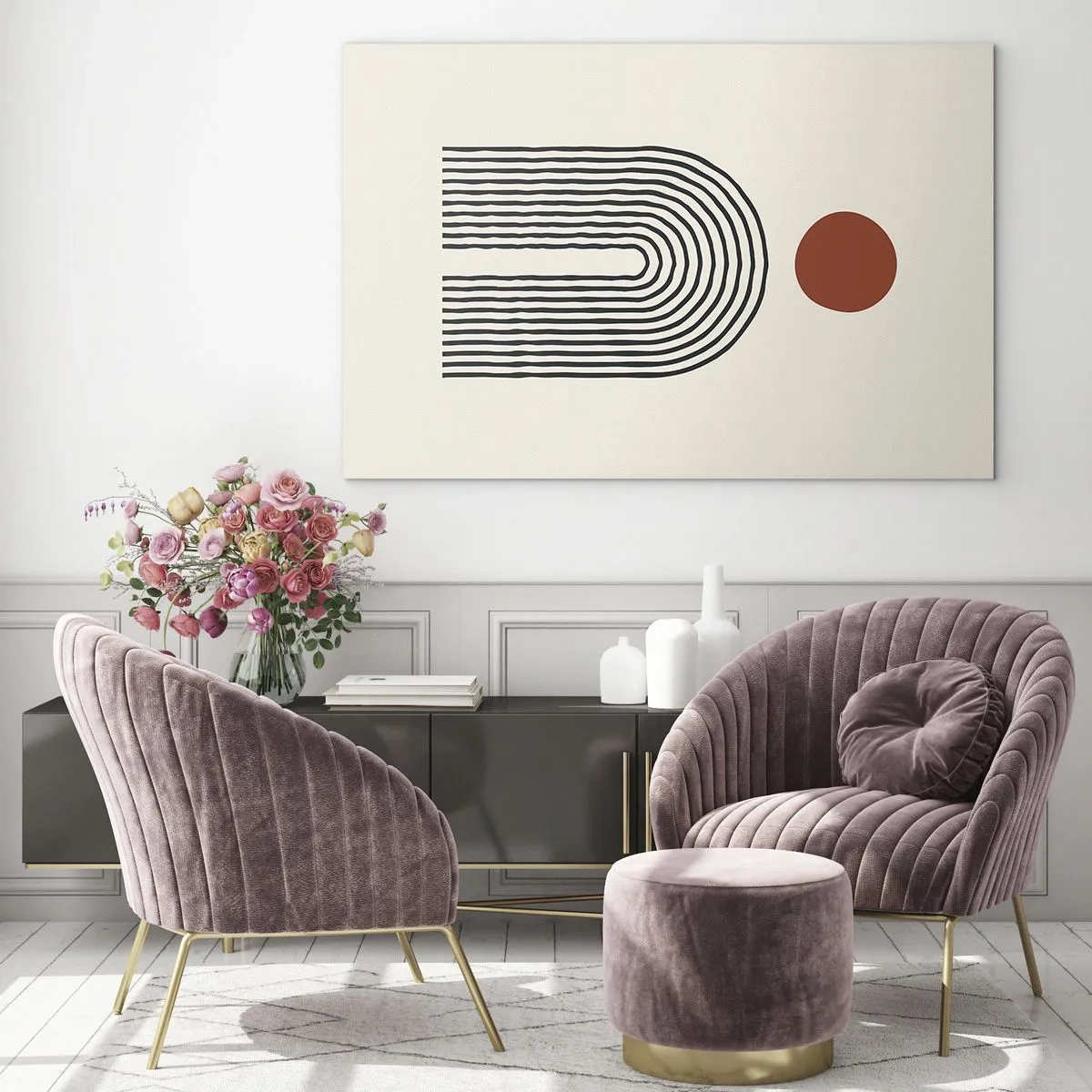 Glasbild - Bild auf glas - Grafische Abstraktion mit Linien und Kreisen im Retro-Stil - 100x70cm - Magnetismus von Formen und Farben - Moderne Wanddekoration für Wohnzimmer und Schlafzimmer ARTTOR