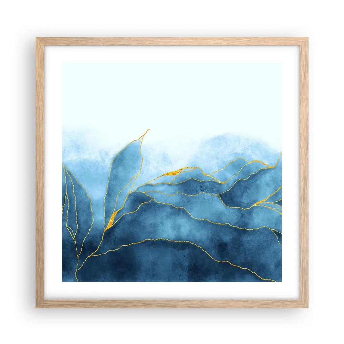 Poster in einem Rahmen aus heller Eiche - Blau im Gold - 50x50 cm