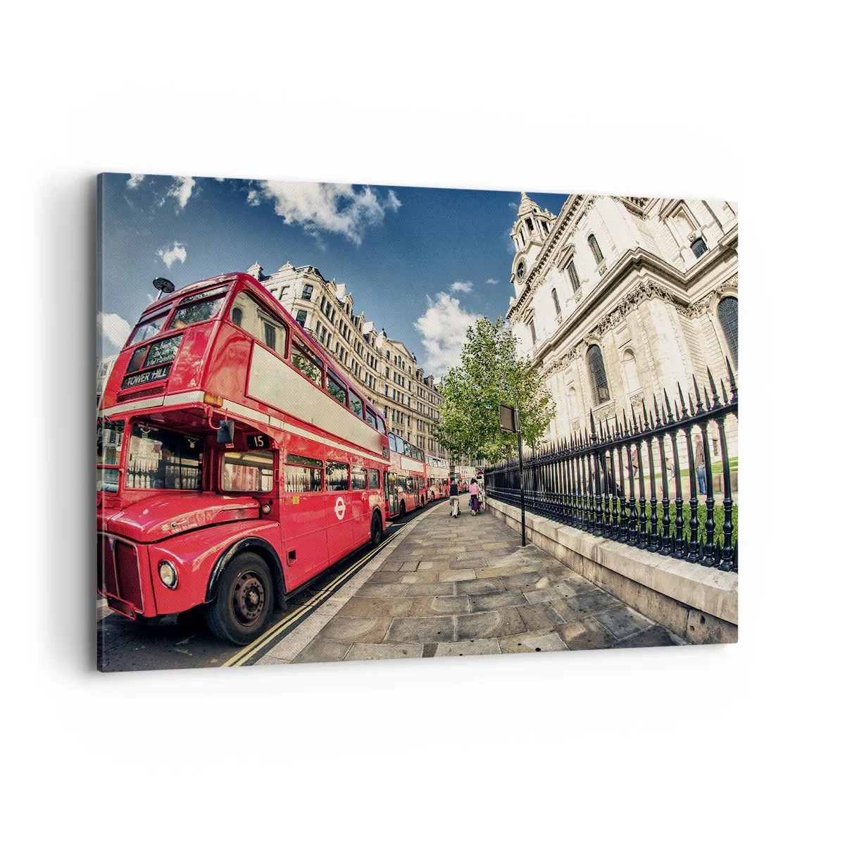 Bild auf Leinwand - Leinwandbild - Roter Doppeldeckerbus in London in der Nähe der Straße und der Kathedrale - 100x70cm - Londoner Straße in Grau und Rot - Moderne Wanddekoration für Wohnzimmer und Schlafzimmer ARTTOR