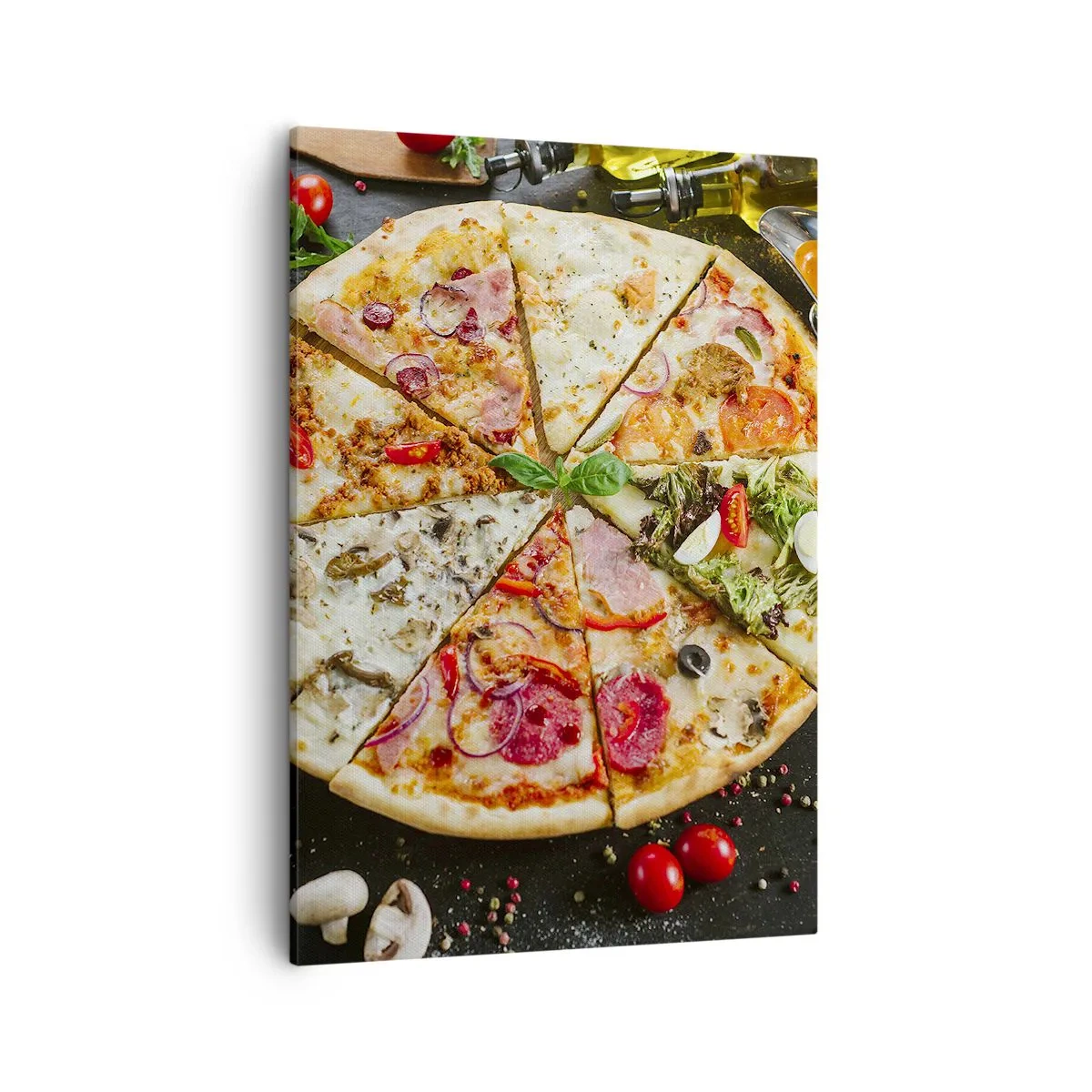 Bild auf Leinwand - Leinwandbild - Pizza in verschiedenen Geschmacksrichtungen mit verschiedenen Belägen - 50x70cm - Eine Reihe von Geschmacksrichtungen - Moderne Wanddekoration für Wohnzimmer und Schlafzimmer ARTTOR