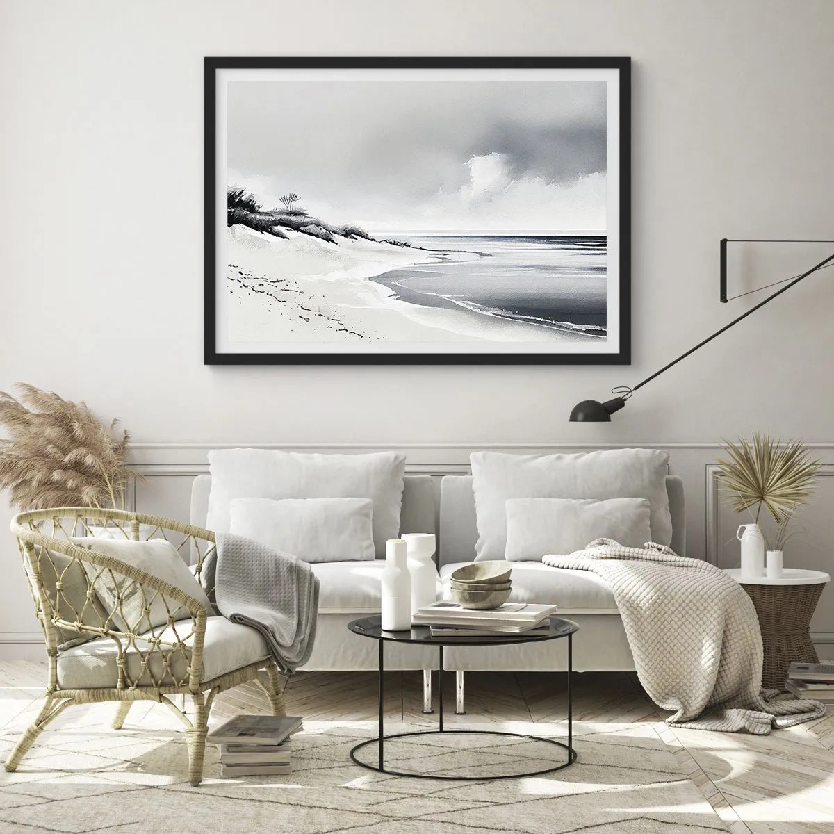 Poster in einem schwarzem Rahmen - Ein Strand in gedämpften Grau- und Blautönen - 70x50cm - Für immer zusammen - Moderne Wanddekoration für Wohnzimmer und Schlafzimmer ARTTOR