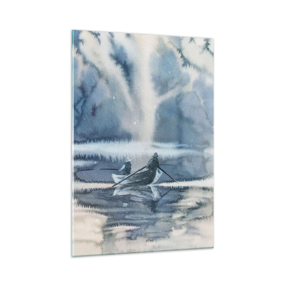 Glasbild - Bild auf glas - Zwei Fischer auf einem Boot, umgeben von einer nebligen Landschaft - 50x70cm - Angler in ihrem Paradies - Moderne Wanddekoration für Wohnzimmer und Schlafzimmer ARTTOR