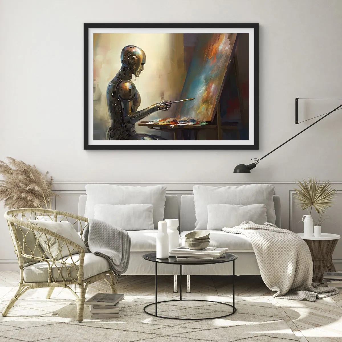 Poster in einem schwarzem Rahmen - Ein Roboter, der im künstlerischen Stil auf einer Leinwand malt - 70x50cm - Die Kunst der Zukunft - Moderne Wanddekoration für Wohnzimmer und Schlafzimmer ARTTOR
