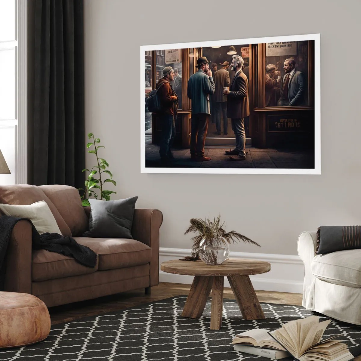 Poster - Straßenszene mit Menschen vor einem Retro-Café - 100x70cm - Gute Zeit des Tages - Moderne Wanddekoration für Wohnzimmer und Schlafzimmer ARTTOR