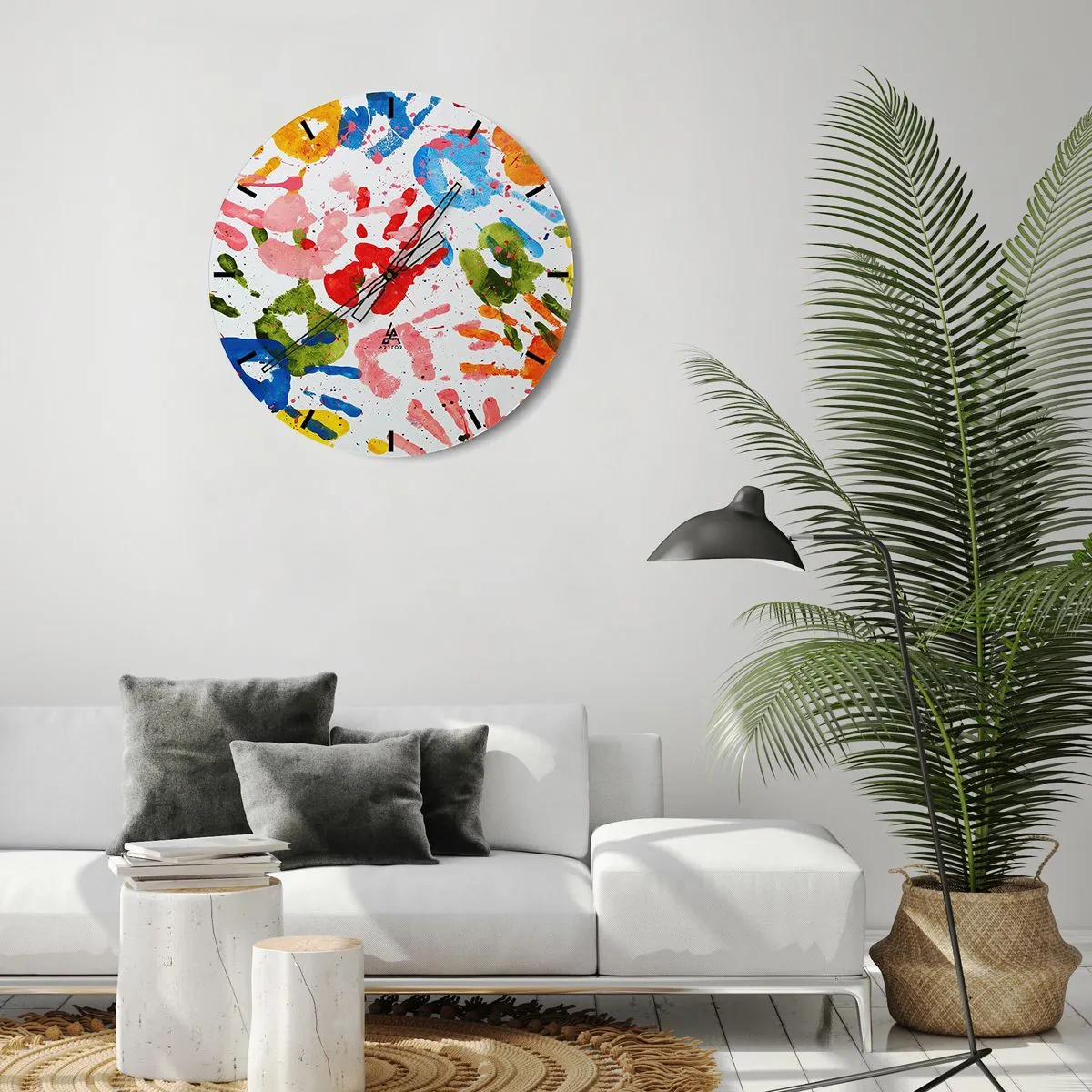 Wanduhr - Glasuhr - Bunte Handabdrücke auf weißem Hintergrund - 30x30cm - Folgen Sie den Spuren - Moderne Wanddekoration für Wohnzimmer, Küche und Schlafzimmer ARTTOR